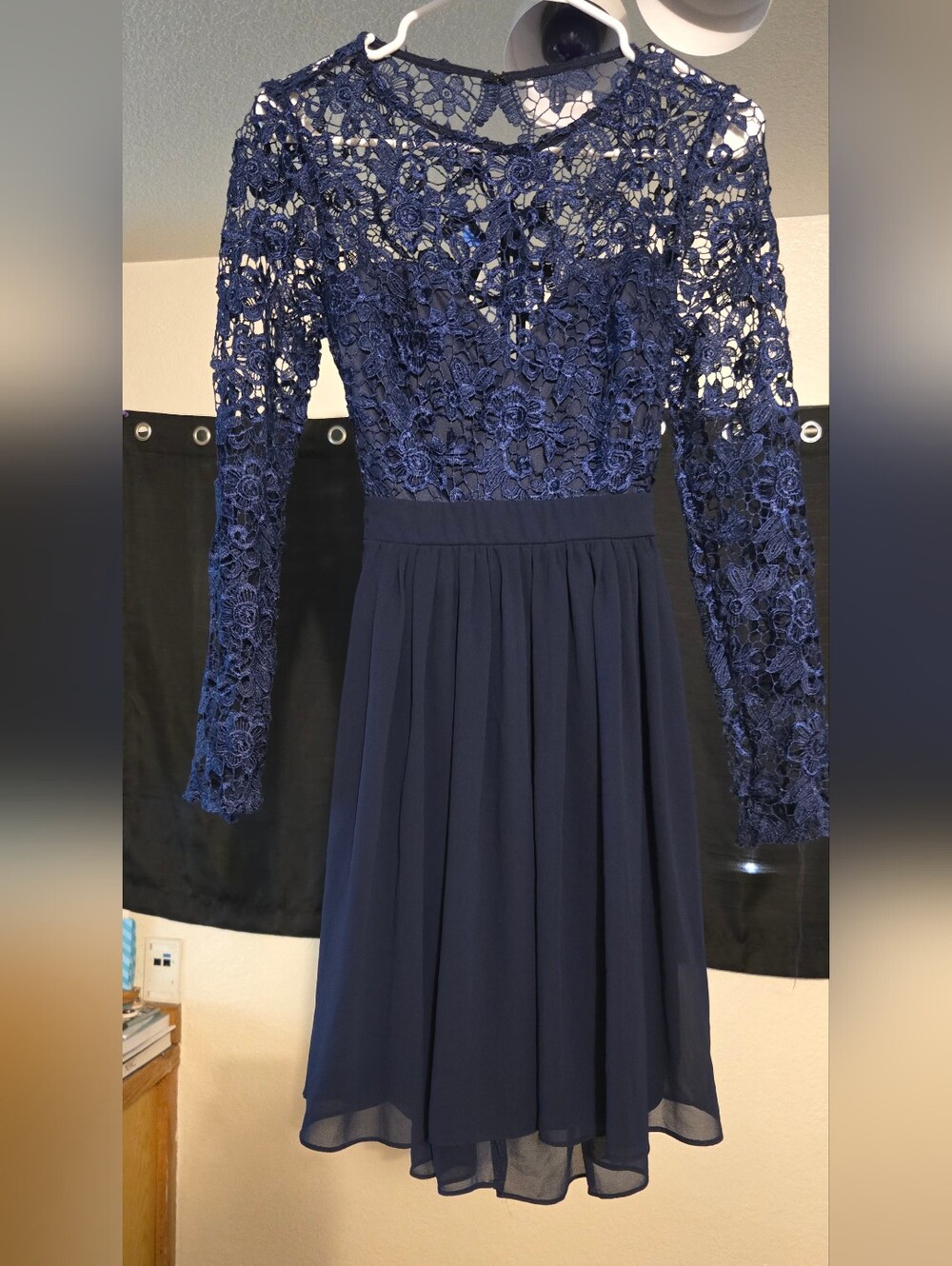 PromGirl Navy Lace Bodice Long Sleeve Chiffon A-Line Dress